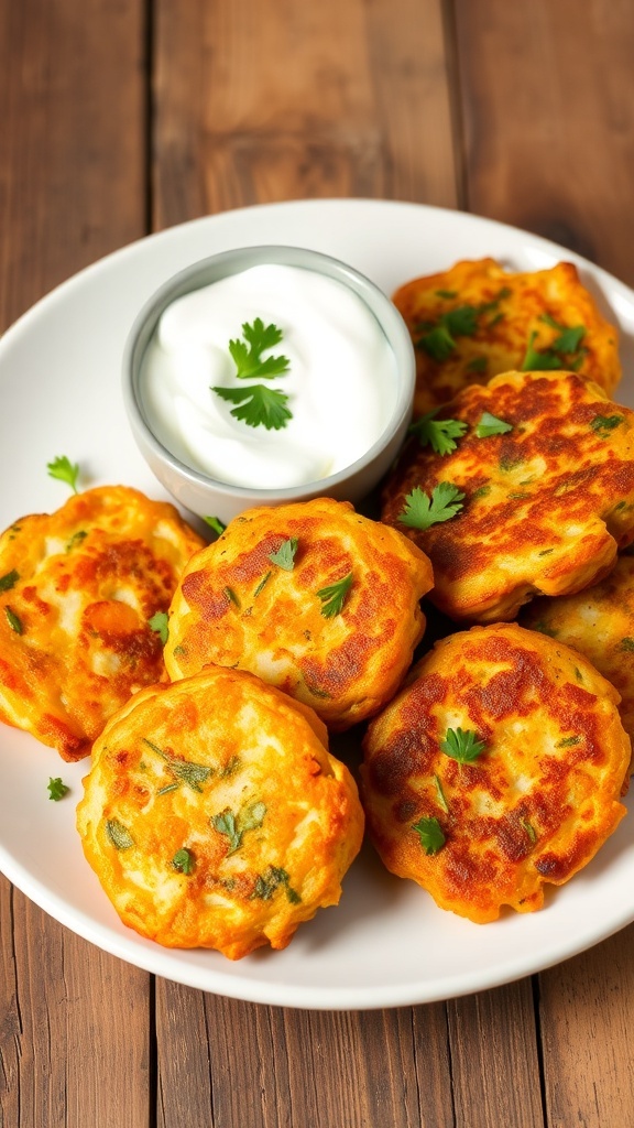 Crispy Vegetable Fritters Recipe Crispy vegetable fritters on a plate with herbs and yogurt dip.